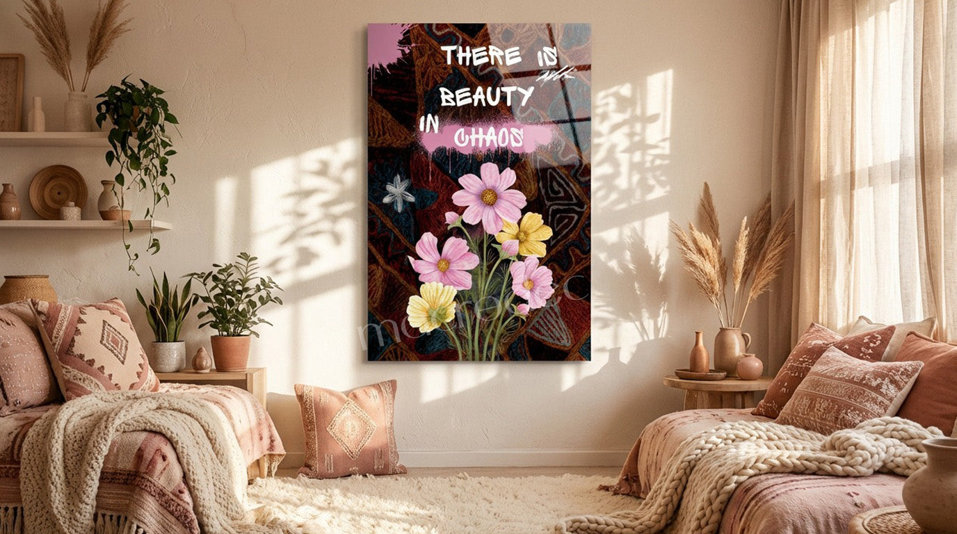 "Beauty in Chaos" Sanatsal Çiçek ve Graffiti Cam Tablo