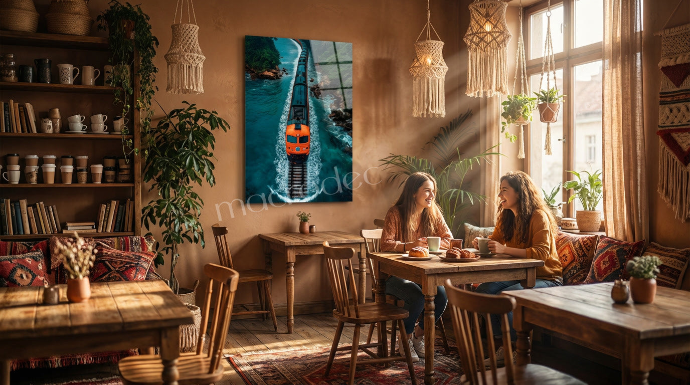 "Coastal Express" Sahil Hattı ve Turuncu Tren Modern Cam Tablo