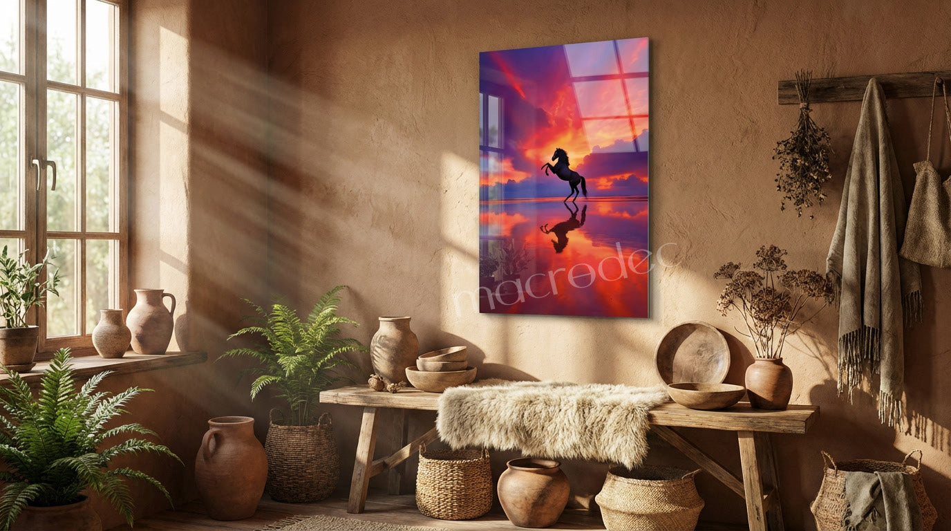 Golden Sunset Horse" Şahlanan At Cam Tablo