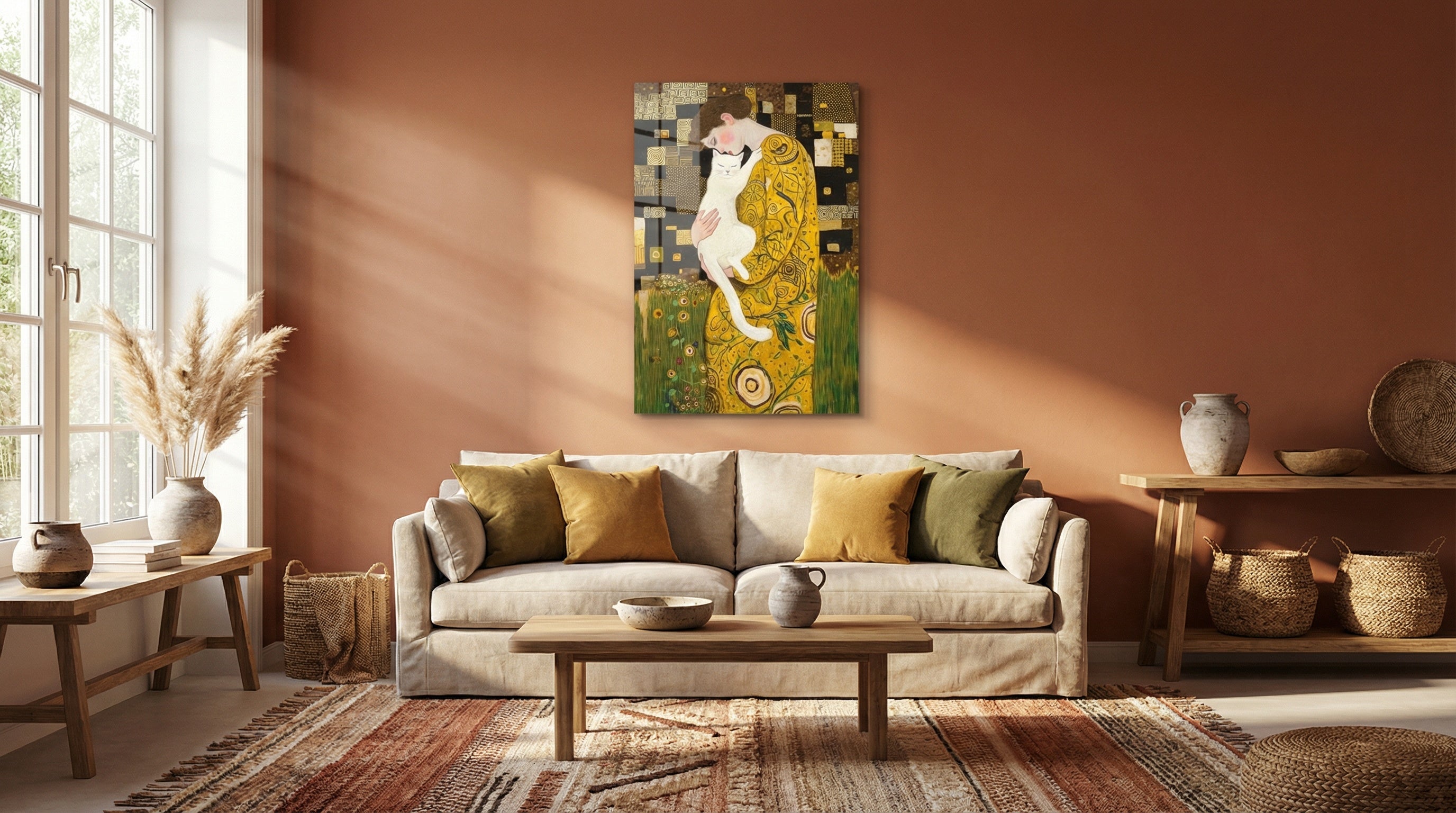 "Klimt Stil Kedili Kadın" Sanatsal Cam Tablo