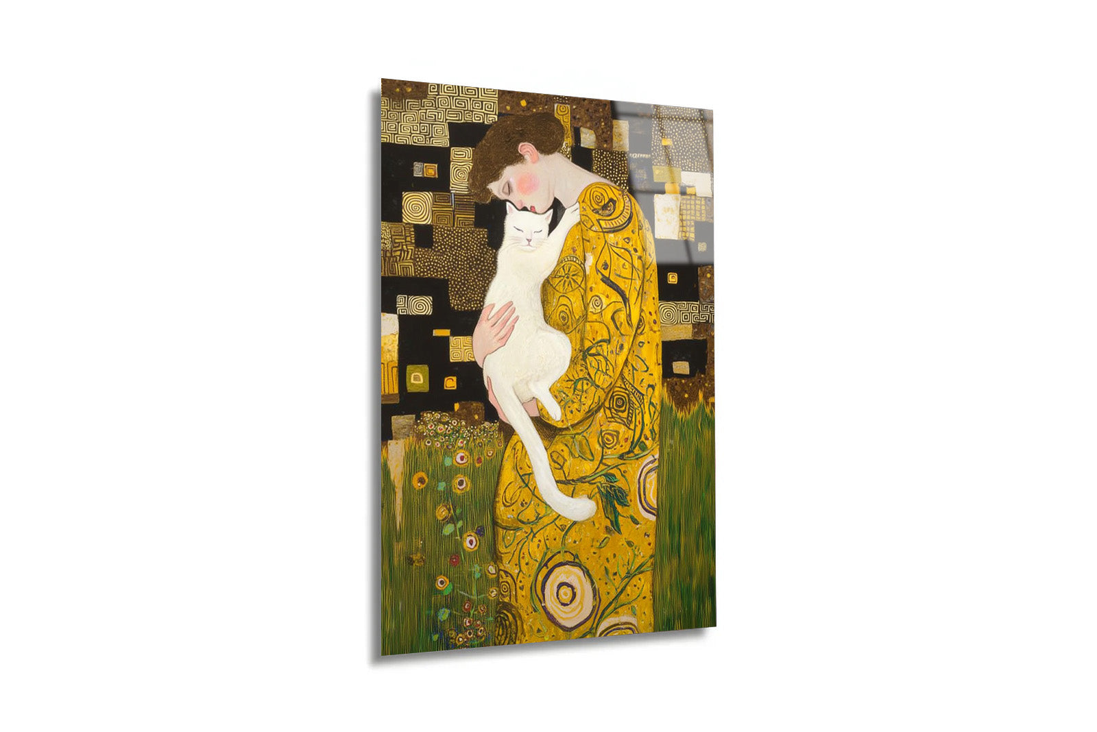 "Klimt Stil Kedili Kadın" Sanatsal Cam Tablo
