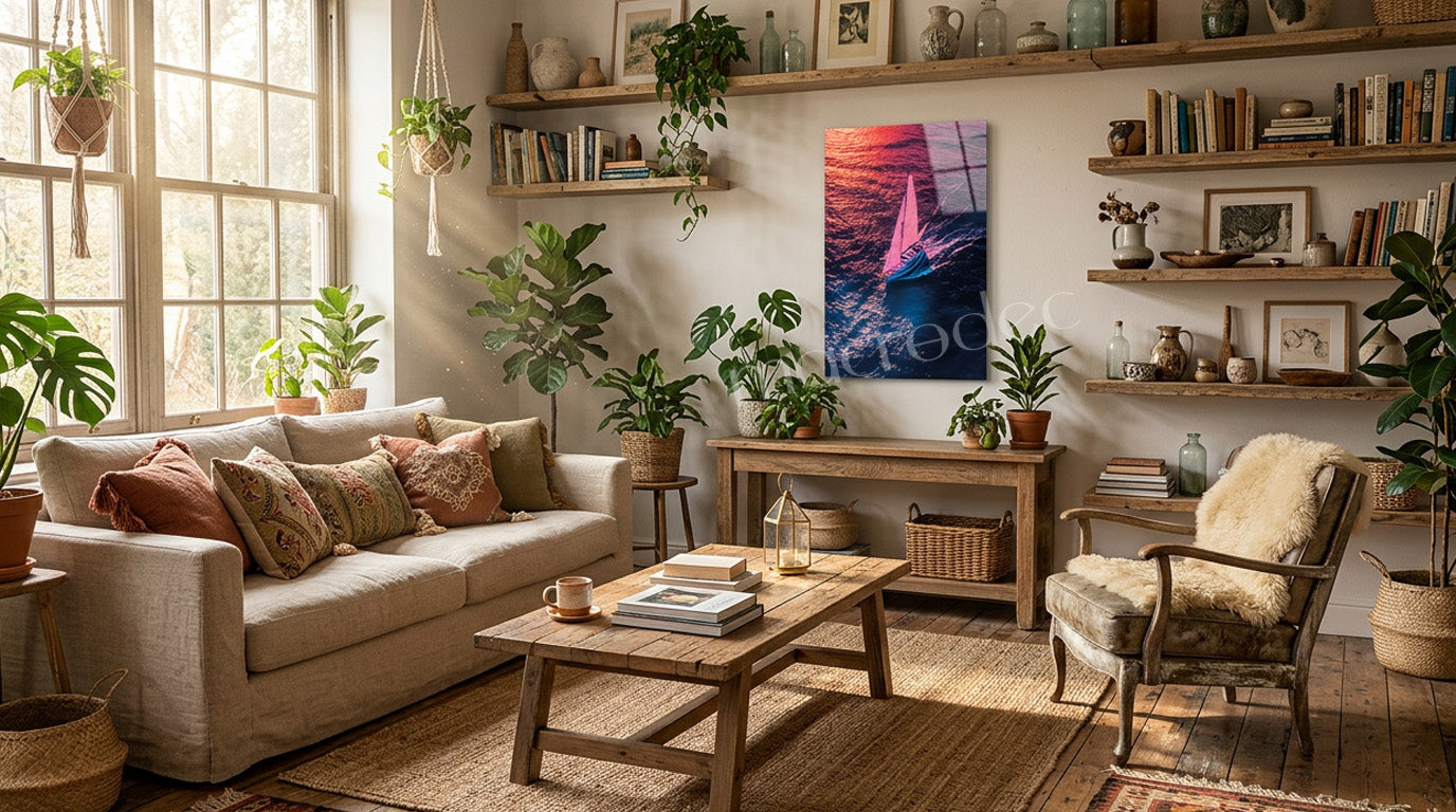 "Shimmering Voyage" Yelkenli ve Gün Batımı Modern Cam Tablo