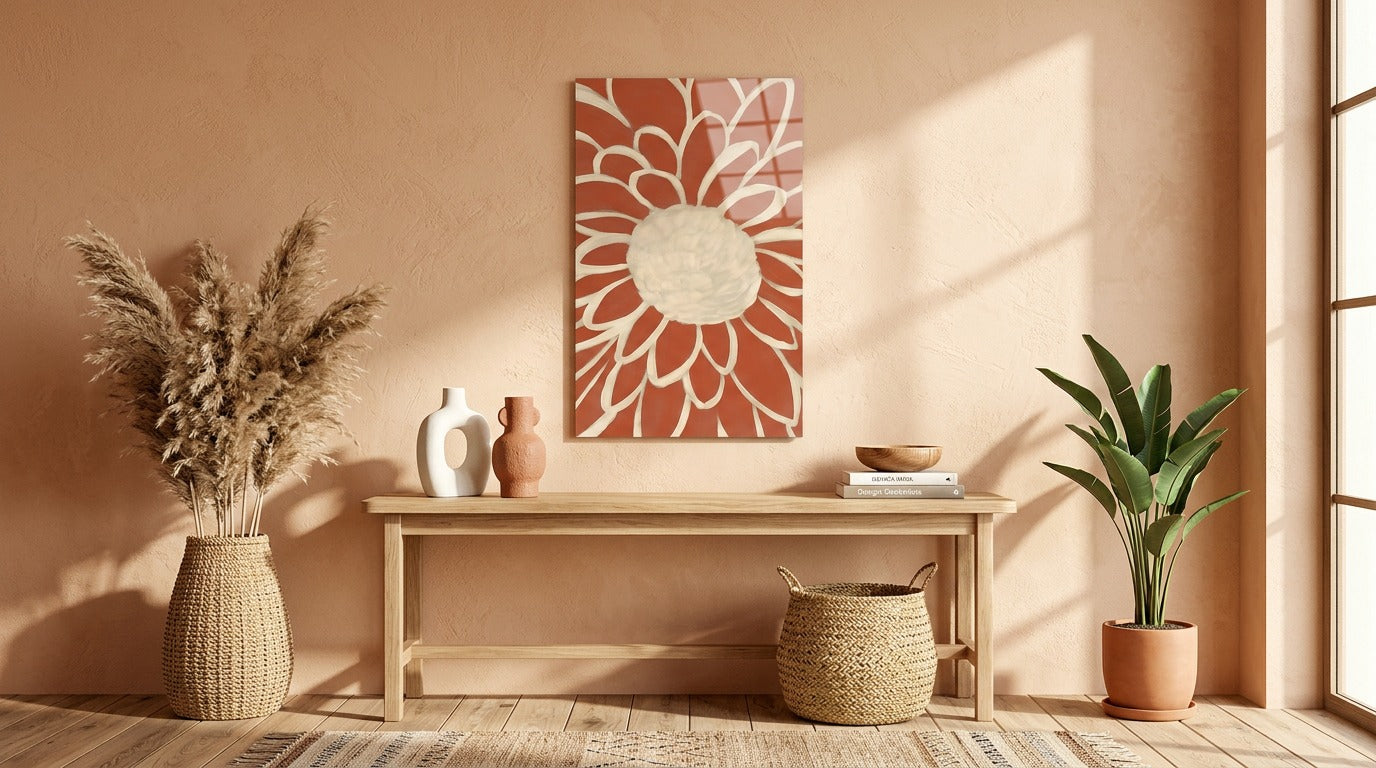 Terracotta Modern Çiçek Soyut Cam Tablo