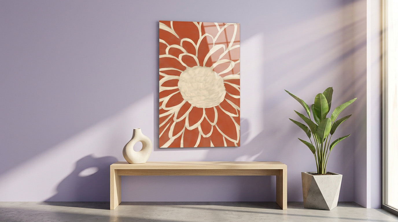 Terracotta Modern Çiçek Soyut Cam Tablo