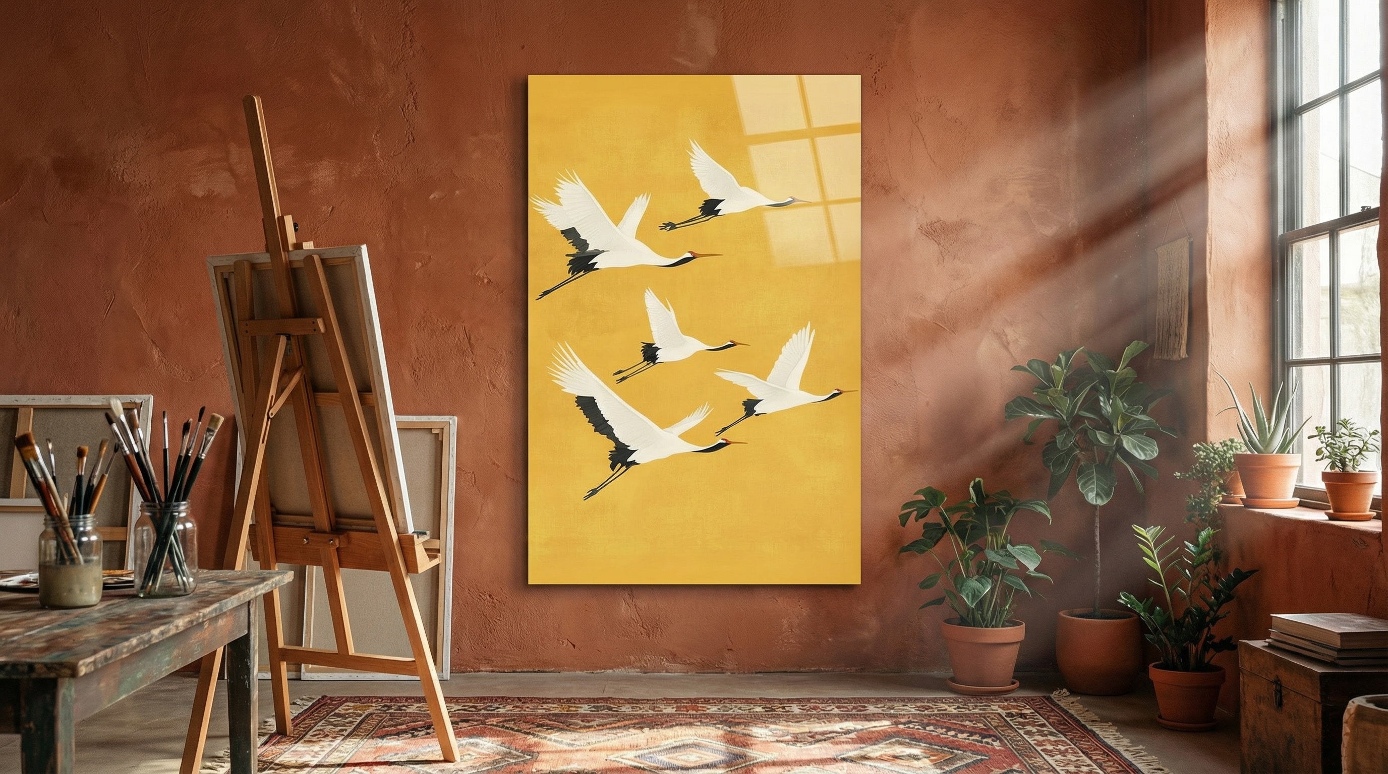 Turna Kuşları Zen Stil Modern Cam Tablo