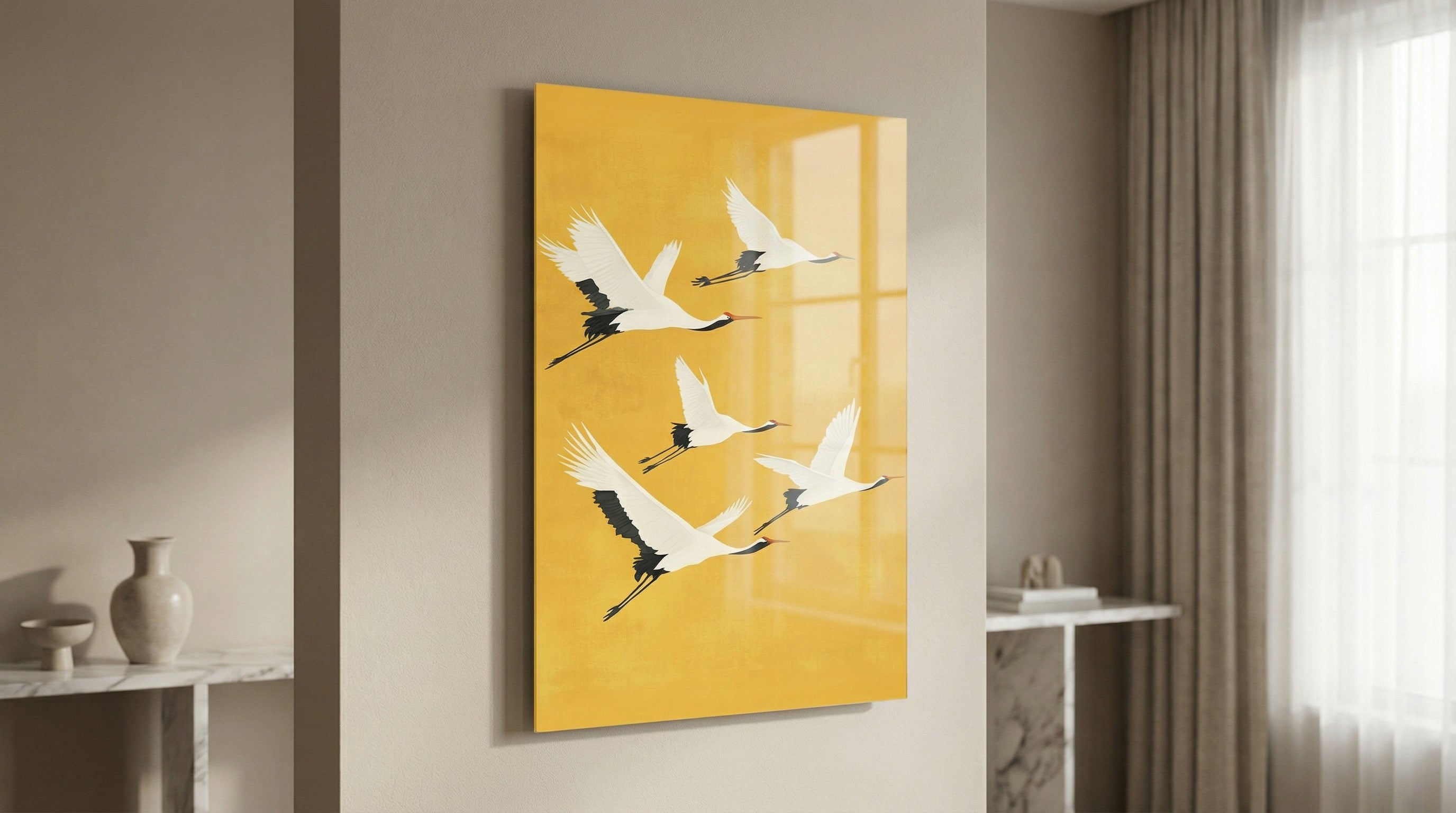 Turna Kuşları Zen Stil Modern Cam Tablo