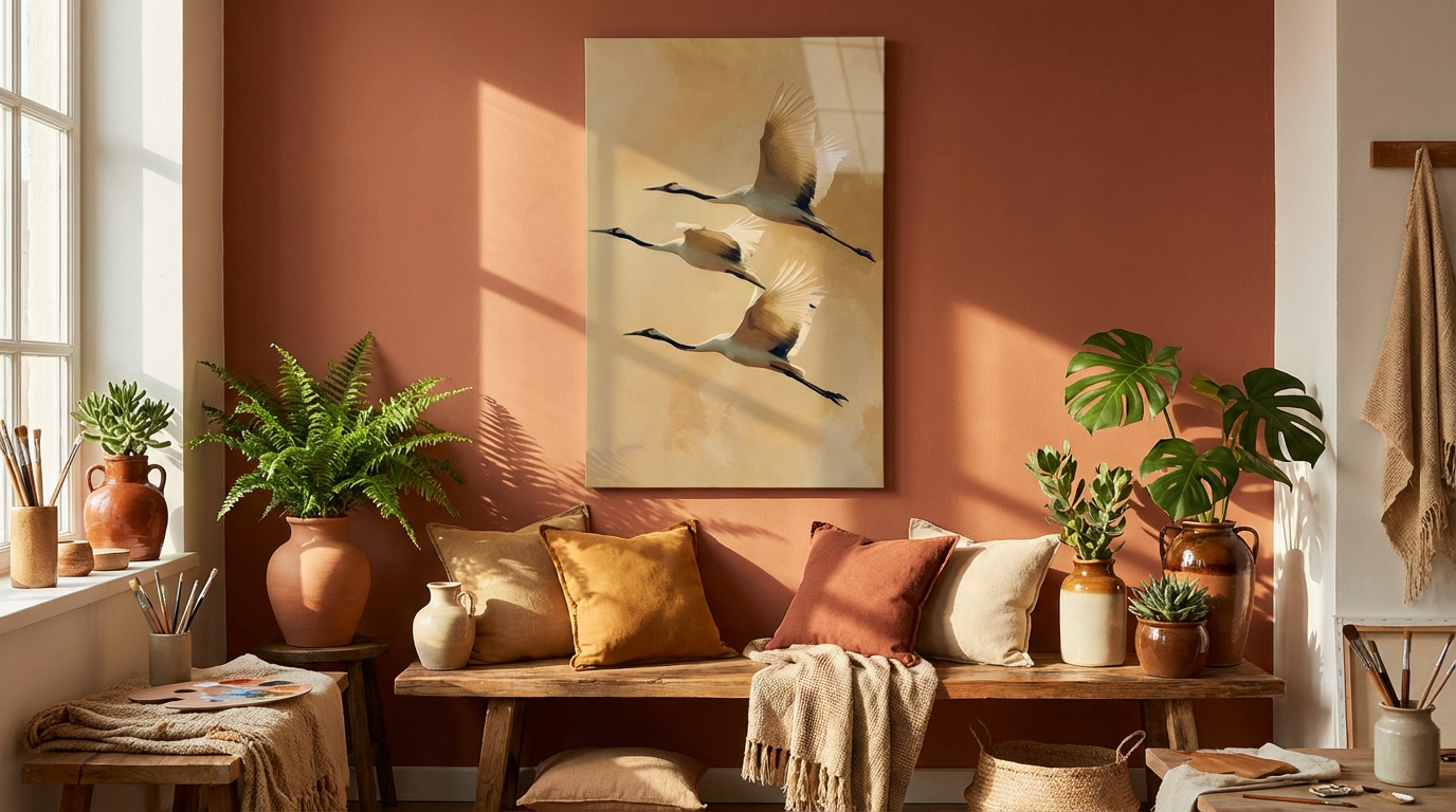"Zen Esintisi" Minimalist Uçan Turna Kuşları Cam Tablo