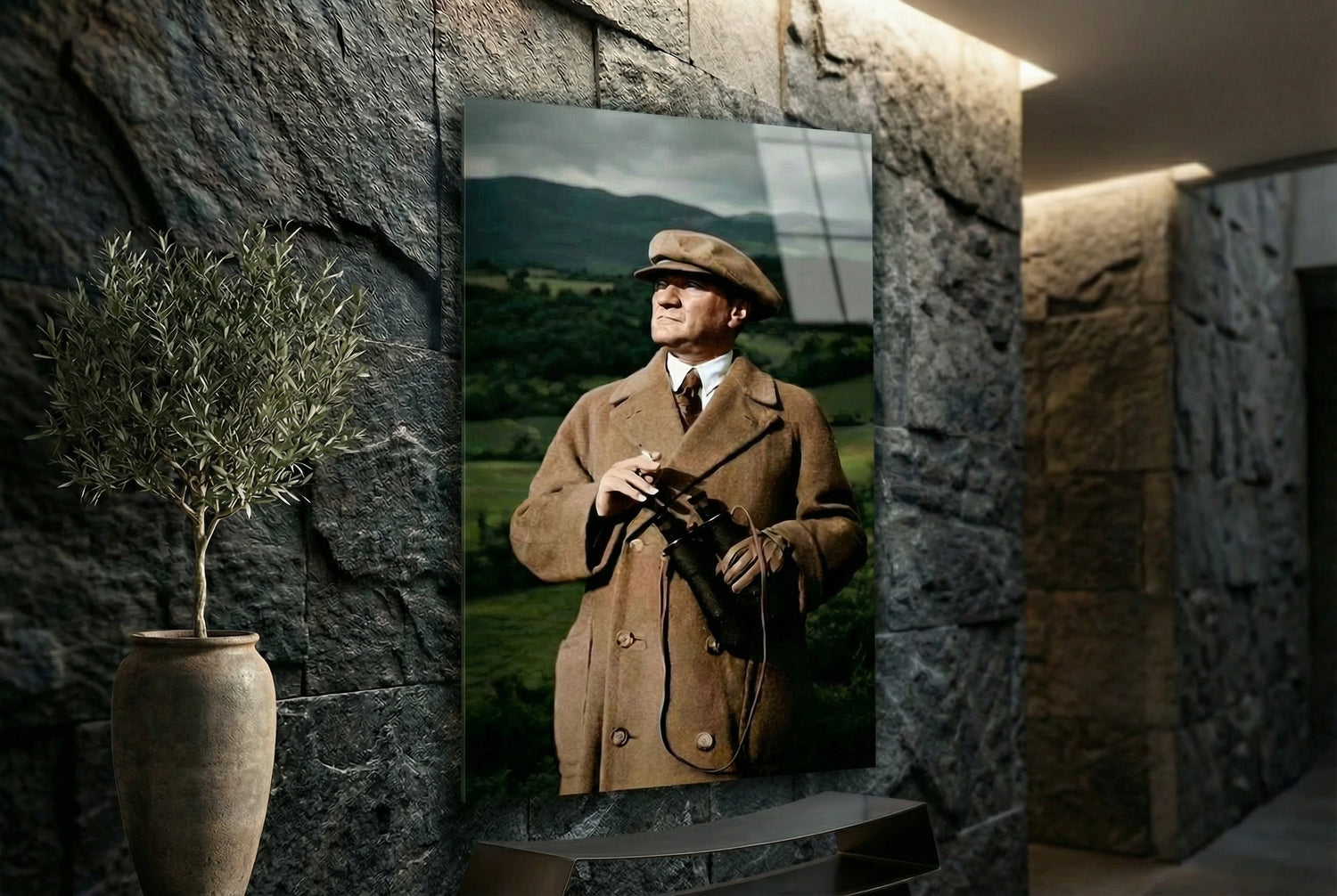 Atatürk Dürbünlü Doğa Temalı Renkli Cam Tablo