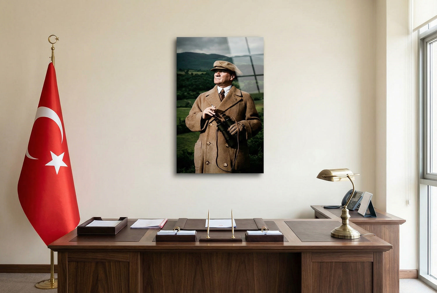 Atatürk Dürbünlü Doğa Temalı Renkli Cam Tablo