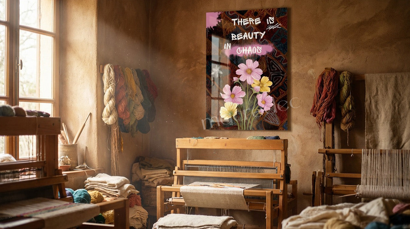 "Beauty in Chaos" Sanatsal Çiçek ve Graffiti Cam Tablo