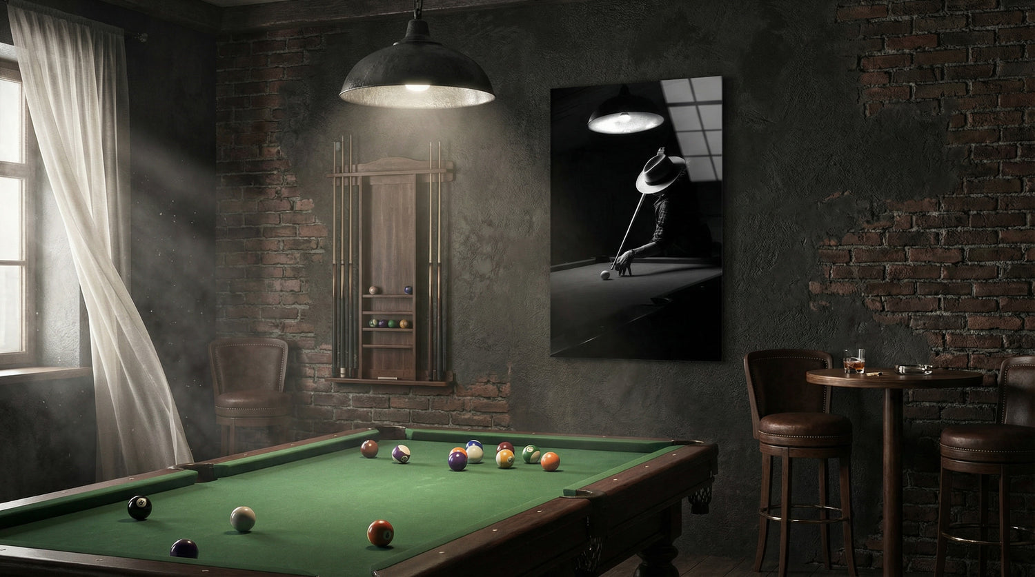 Billiards Player Retro Siyah Beyaz Cam Tablo