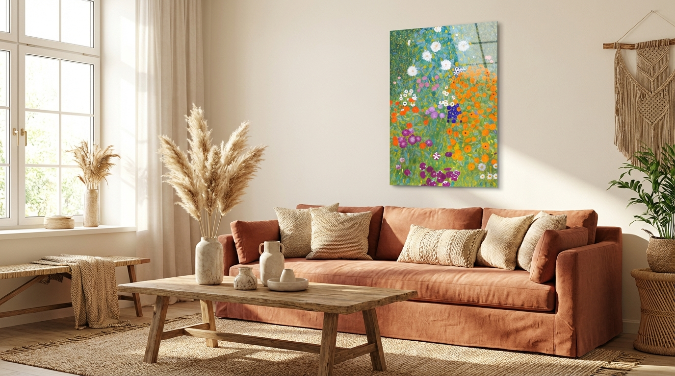 "Çiçek Bahçesi" Klimt Stil Sanatsal Cam Tablo