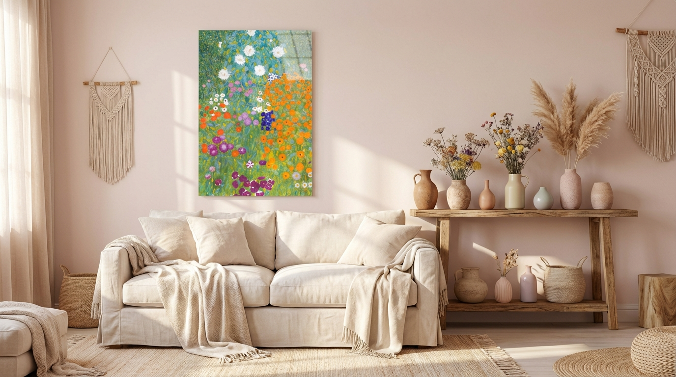 "Çiçek Bahçesi" Klimt Stil Sanatsal Cam Tablo