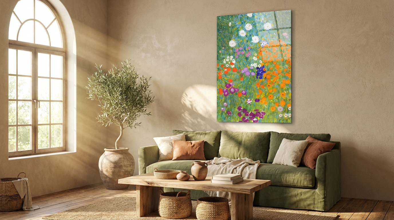 "Çiçek Bahçesi" Klimt Stil Sanatsal Cam Tablo