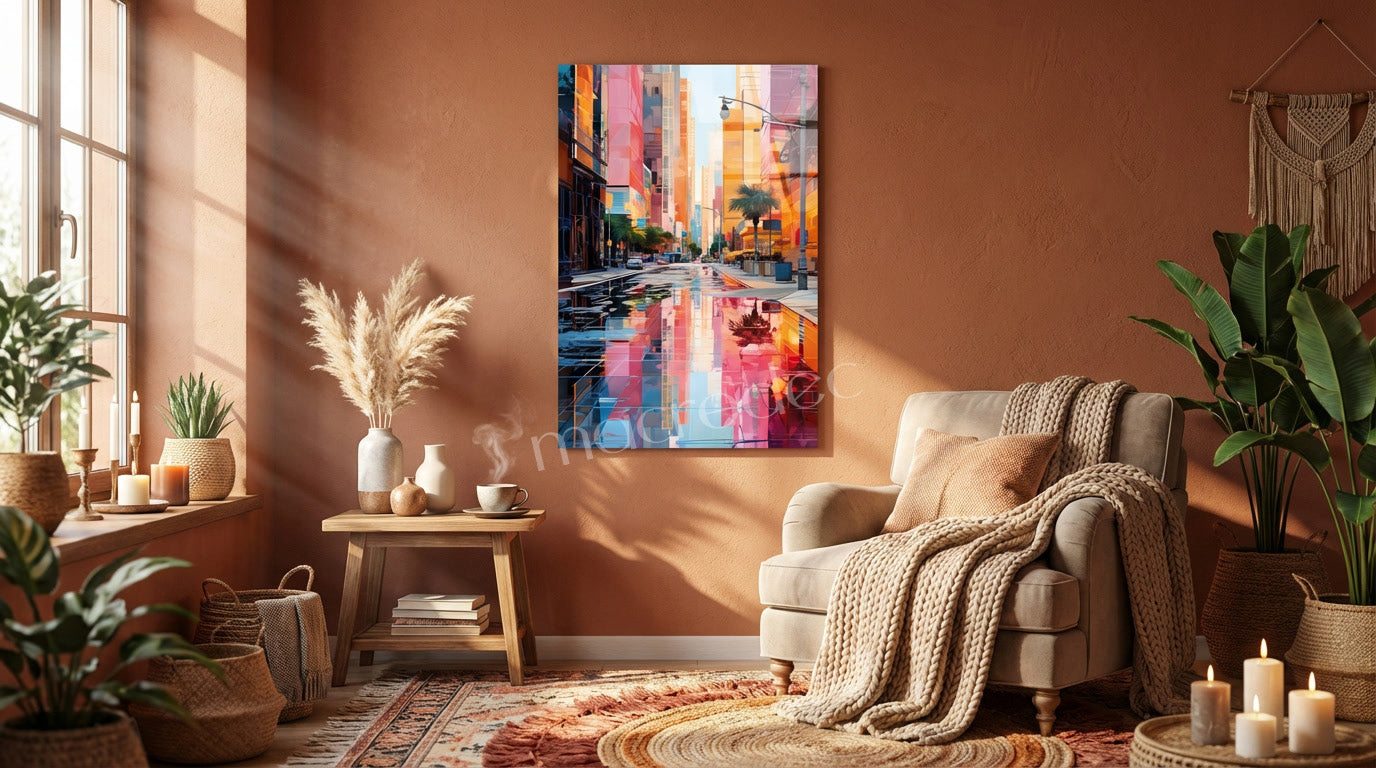 "City Reflections" Modern Şehir Manzarası Cam Tablo