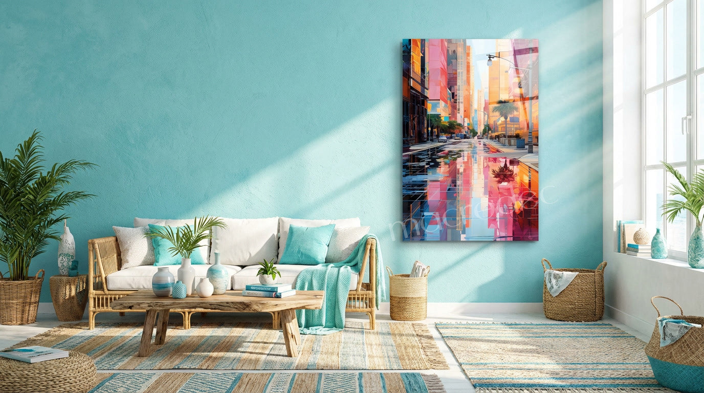 "City Reflections" Modern Şehir Manzarası Cam Tablo