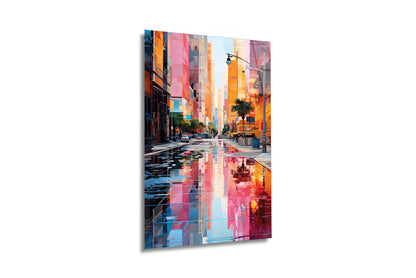 "City Reflections" Modern Şehir Manzarası Cam Tablo