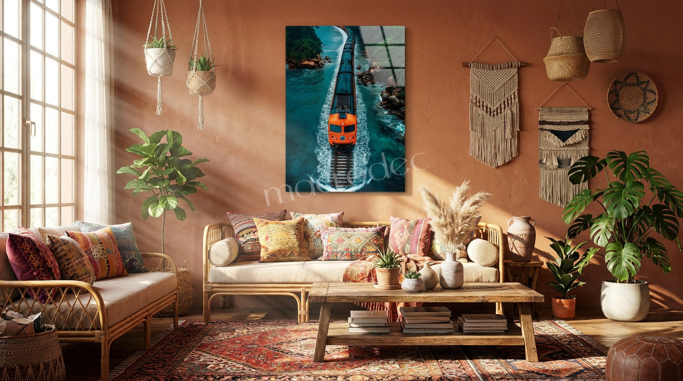 "Coastal Express" Sahil Hattı ve Turuncu Tren Modern Cam Tablo
