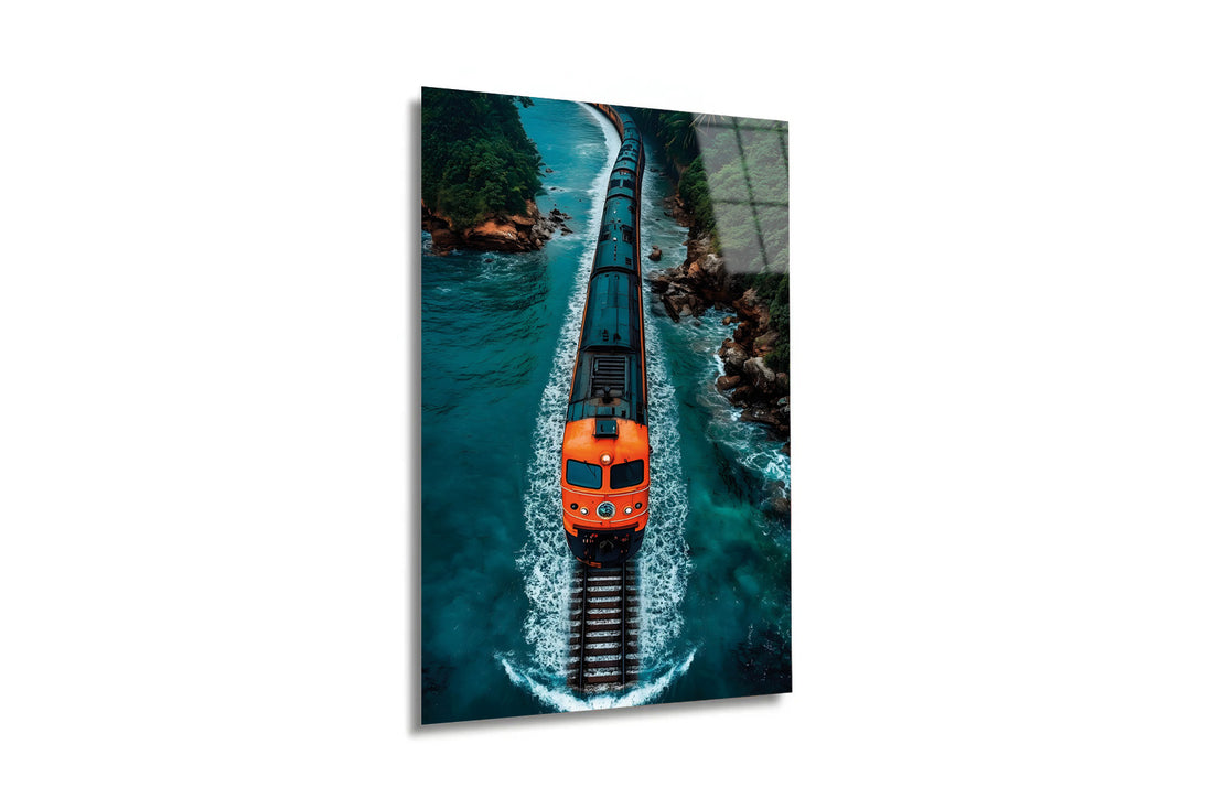 "Coastal Express" Sahil Hattı ve Turuncu Tren Modern Cam Tablo