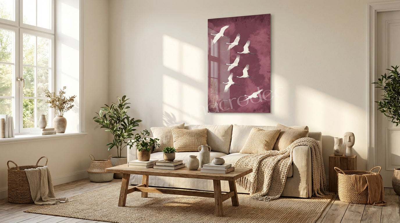"Cranes in Flight" Zarif Turna Kuşları Cam Tablo