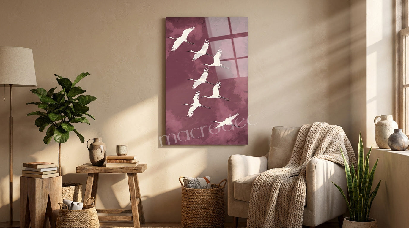 "Cranes in Flight" Zarif Turna Kuşları Cam Tablo
