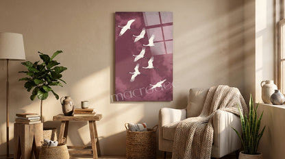 "Cranes in Flight" Zarif Turna Kuşları Cam Tablo