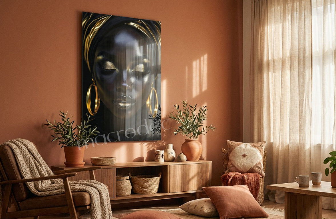 "Golden Muse" Siyah ve Altın Sanatsal Kadın Portresi Cam Tablo