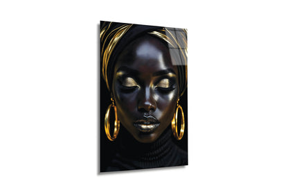"Golden Muse" Siyah ve Altın Sanatsal Kadın Portresi Cam Tablo