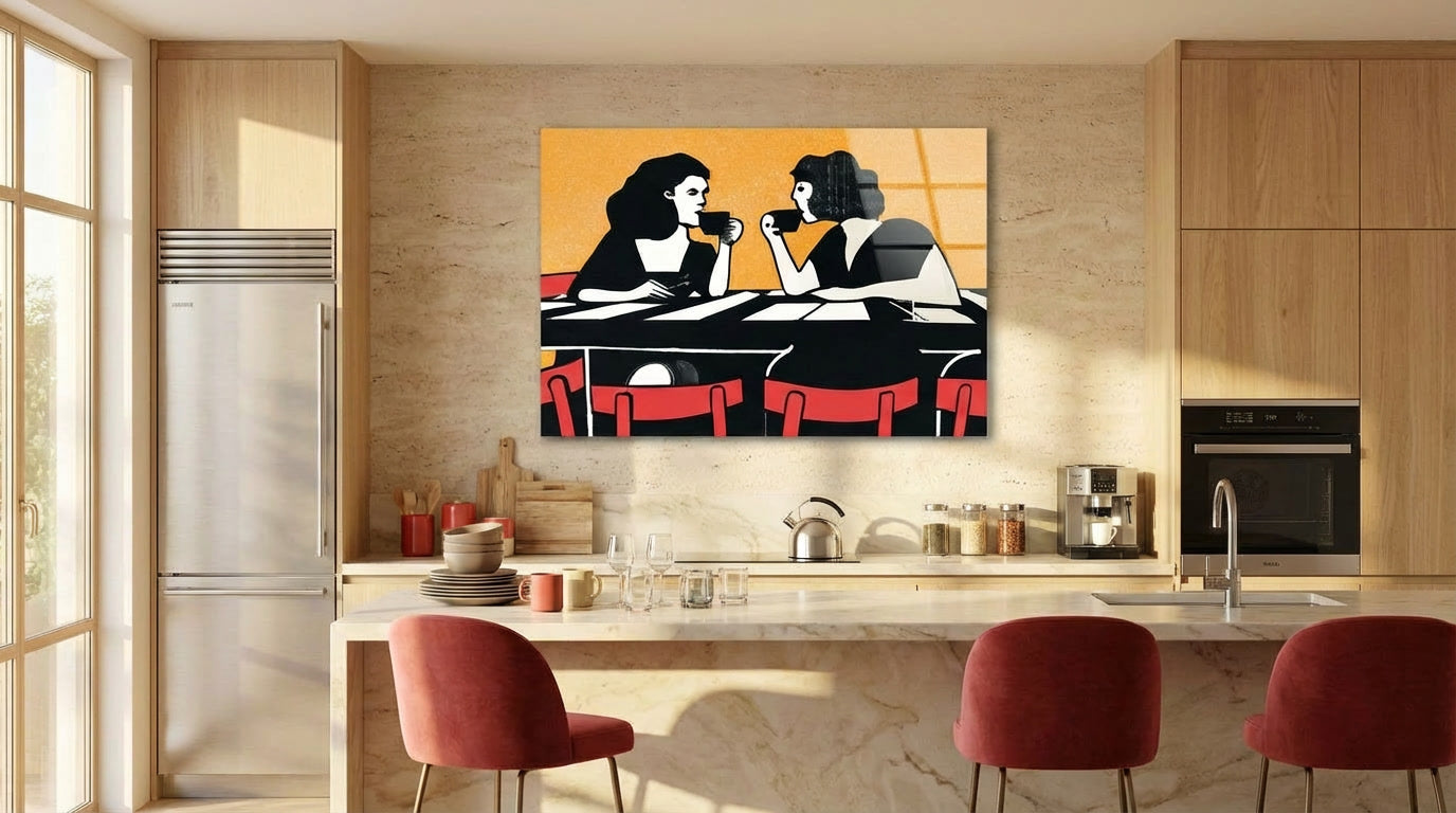 "Kahve Sohbeti" Retro Stil Modern Cam Tablo