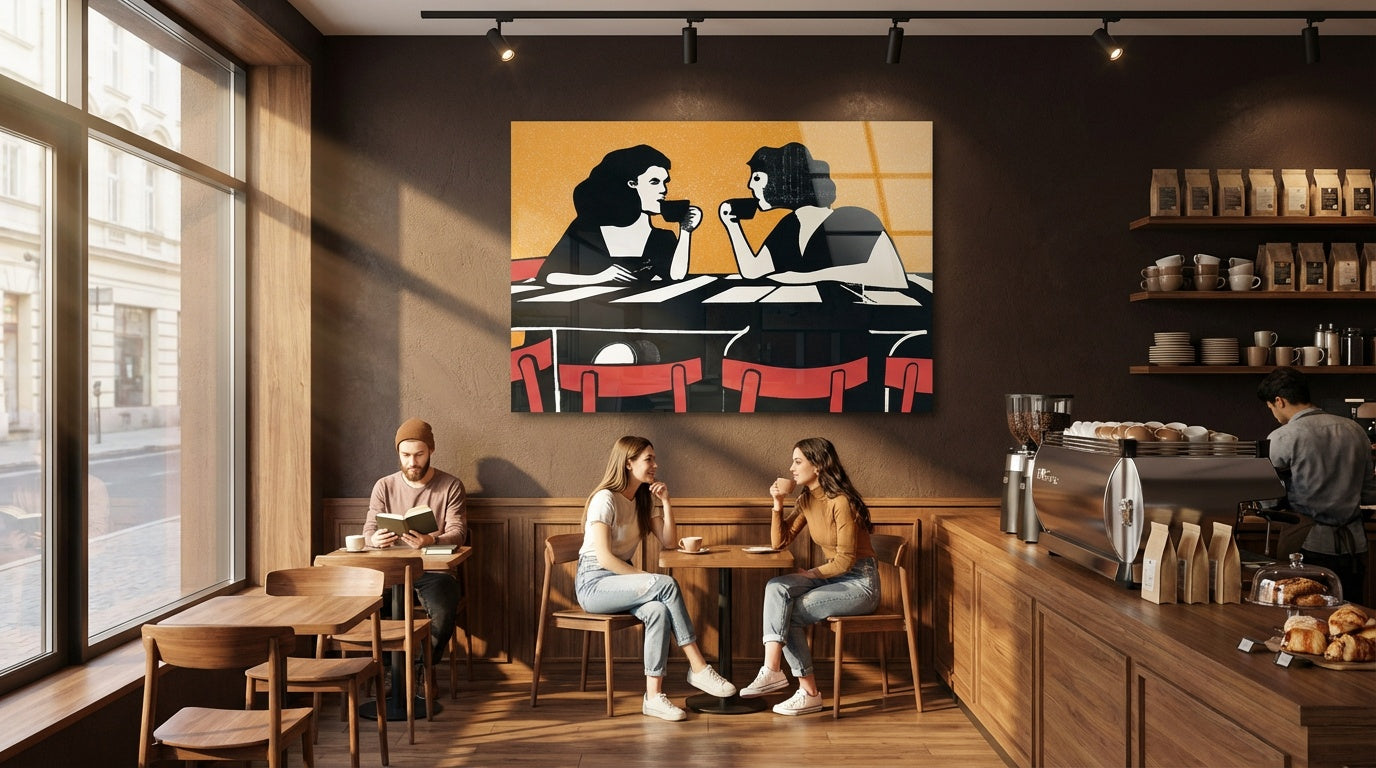 "Kahve Sohbeti" Retro Stil Modern Cam Tablo