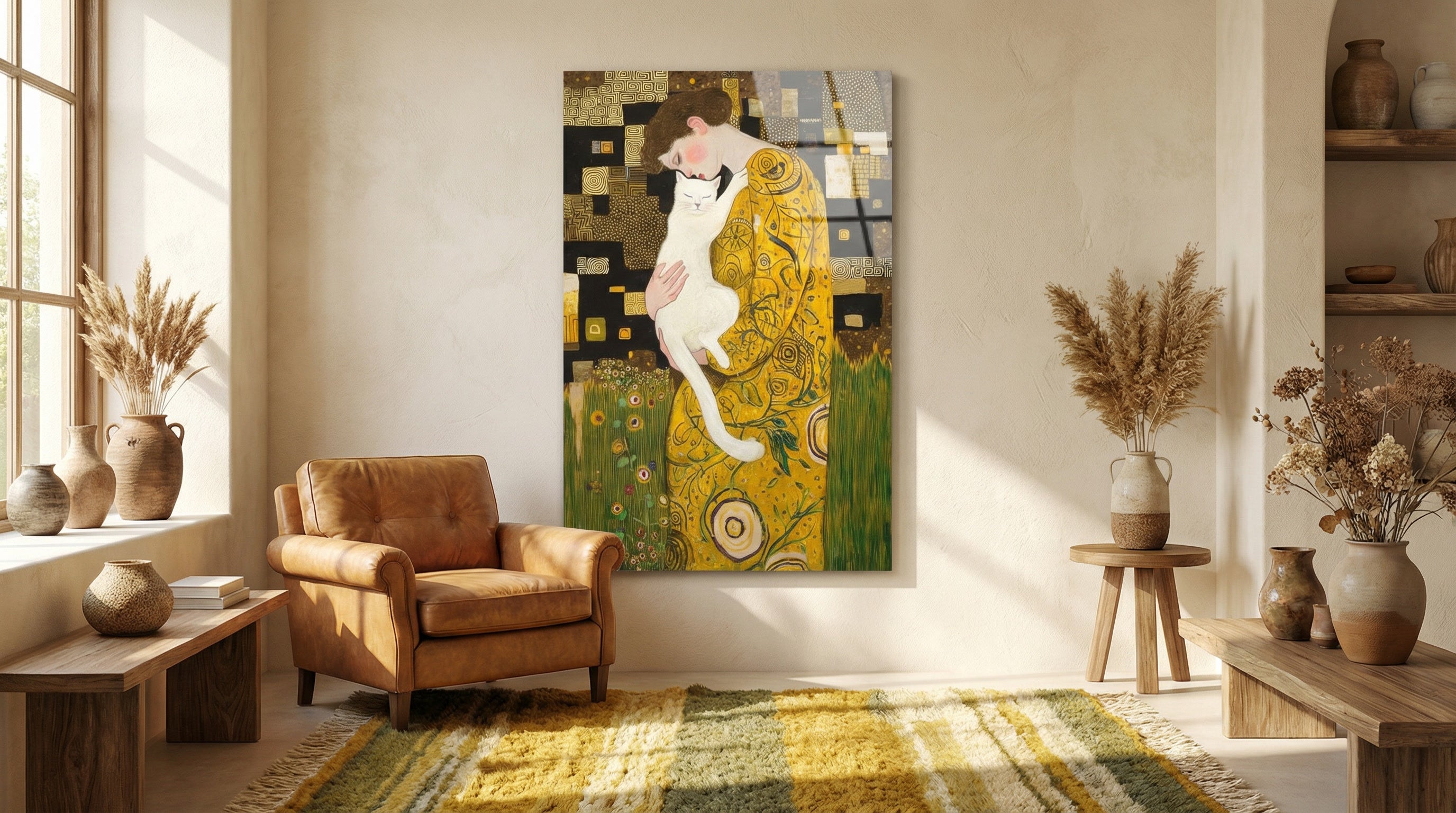 "Klimt Stil Kedili Kadın" Sanatsal Cam Tablo