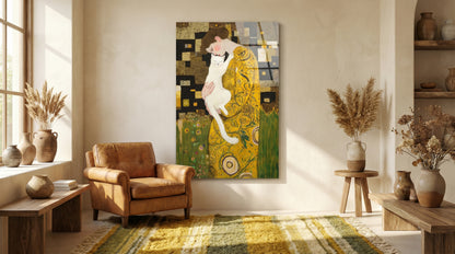 "Klimt Stil Kedili Kadın" Sanatsal Cam Tablo