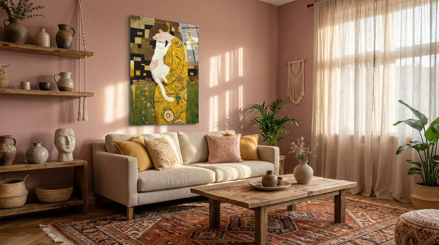 "Klimt Stil Kedili Kadın" Sanatsal Cam Tablo