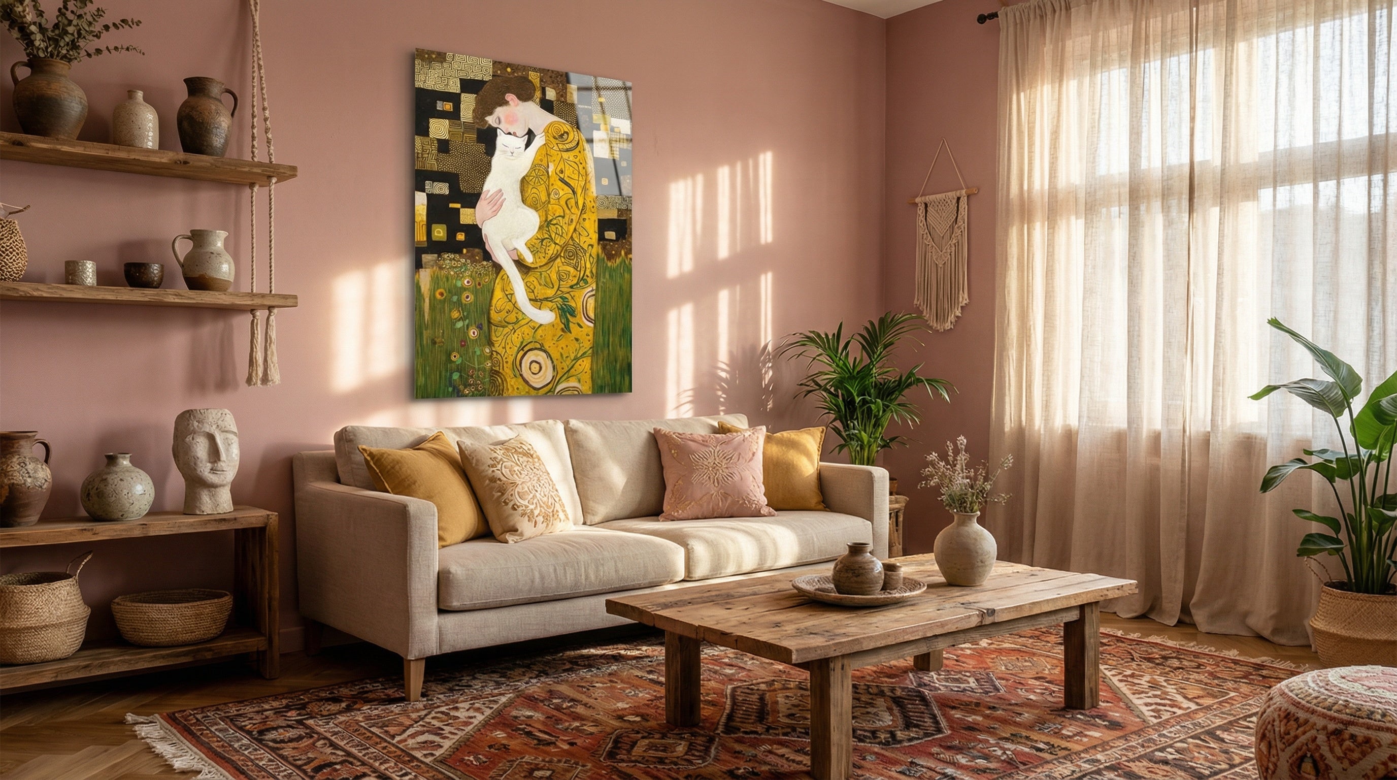 "Klimt Stil Kedili Kadın" Sanatsal Cam Tablo