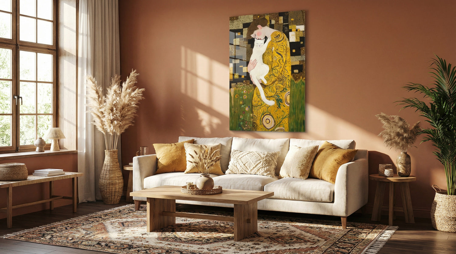 "Klimt Stil Kedili Kadın" Sanatsal Cam Tablo