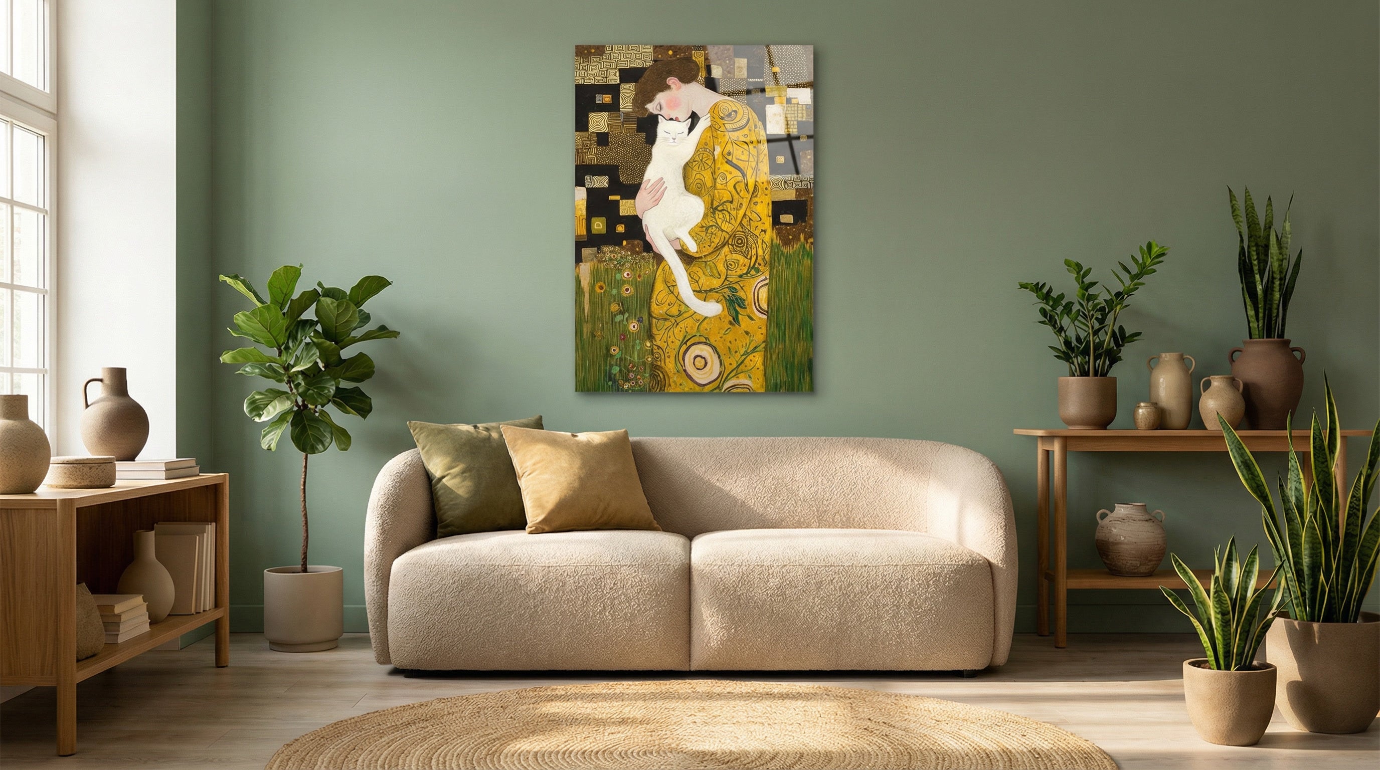 "Klimt Stil Kedili Kadın" Sanatsal Cam Tablo