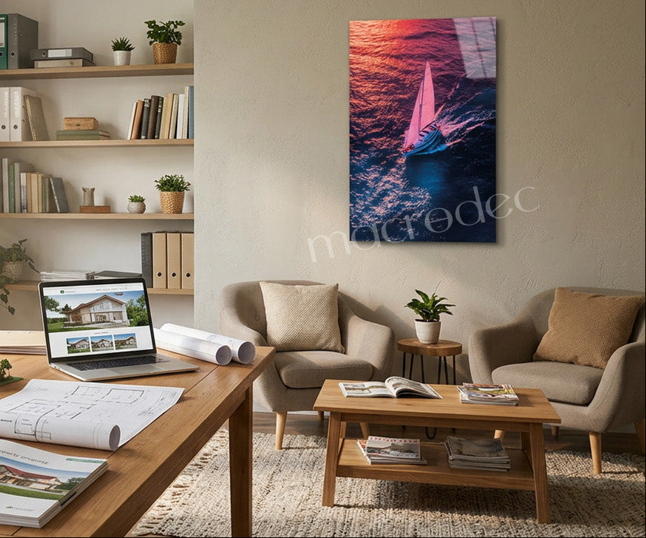 "Shimmering Voyage" Yelkenli ve Gün Batımı Modern Cam Tablo