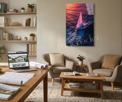 "Shimmering Voyage" Yelkenli ve Gün Batımı Modern Cam Tablo