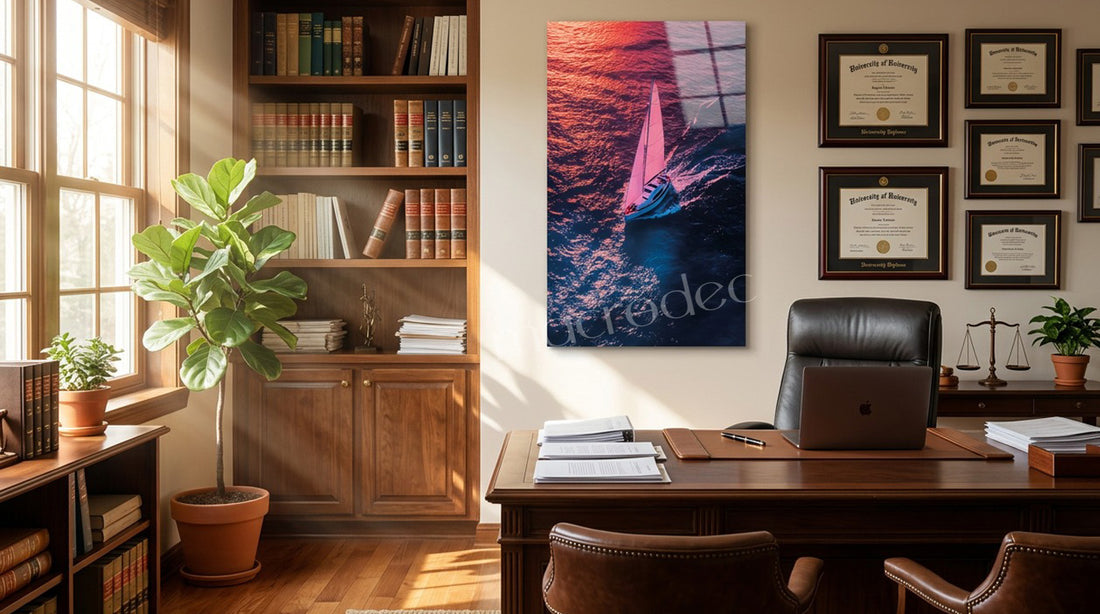 "Shimmering Voyage" Yelkenli ve Gün Batımı Modern Cam Tablo