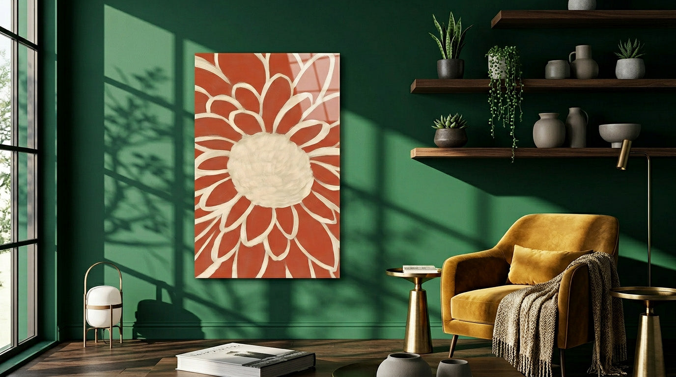 Terracotta Modern Çiçek Soyut Cam Tablo