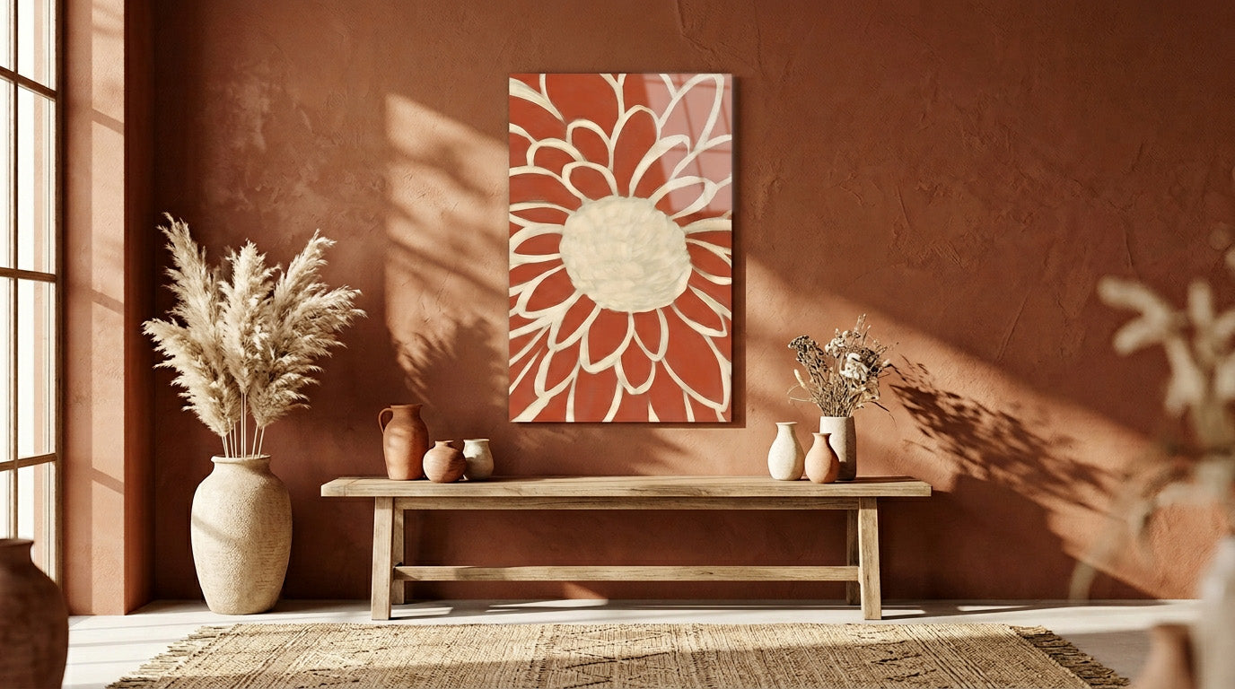 Terracotta Modern Çiçek Soyut Cam Tablo