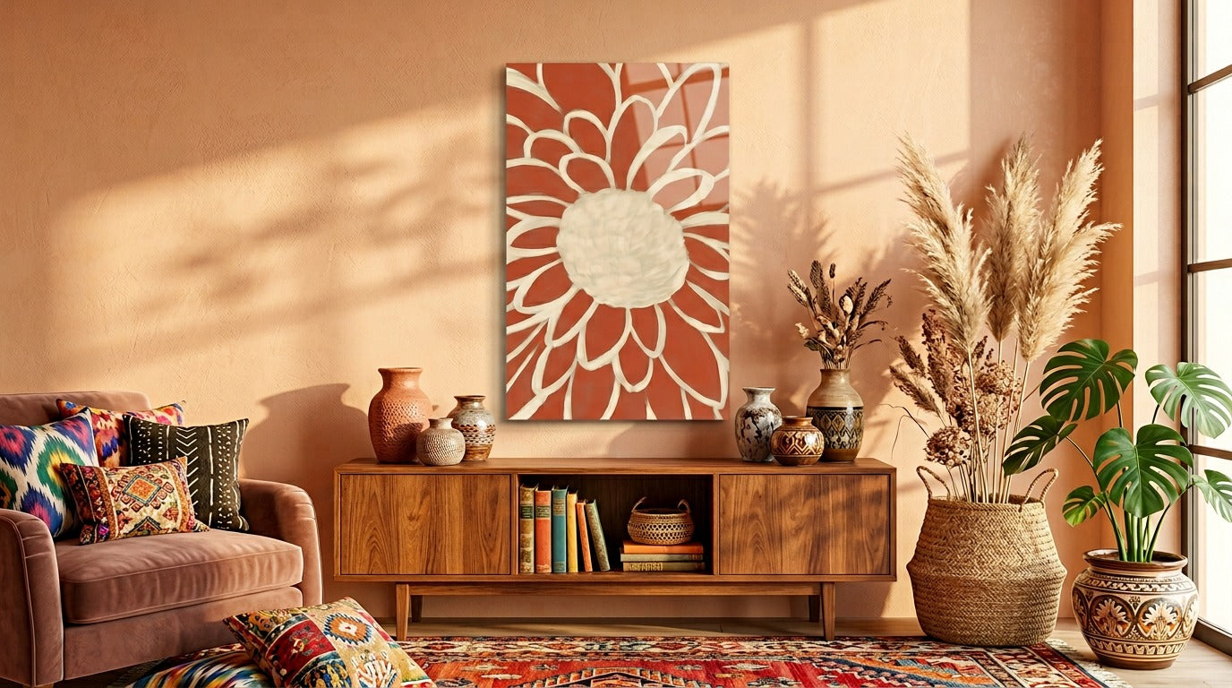 Terracotta Modern Çiçek Soyut Cam Tablo