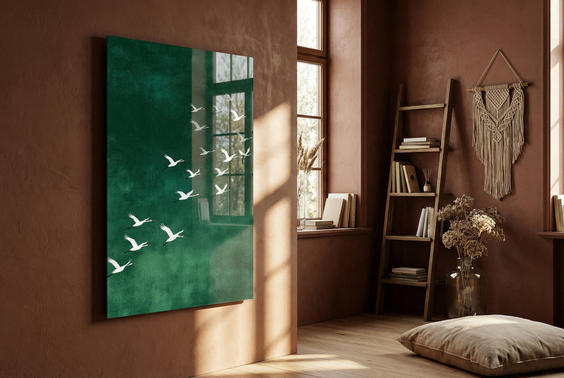 Turna Kuşları Yeşil Zen Stil Modern Cam Tablo