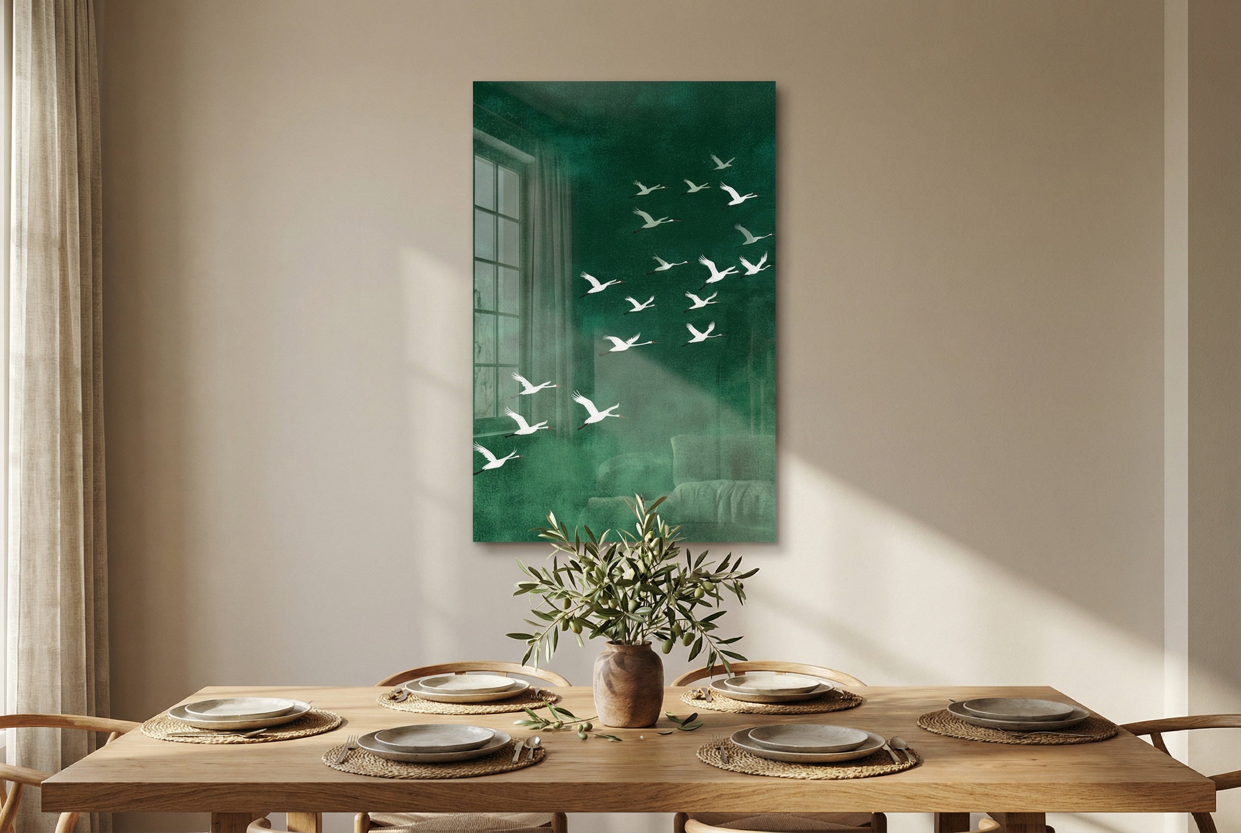 Turna Kuşları Yeşil Zen Stil Modern Cam Tablo