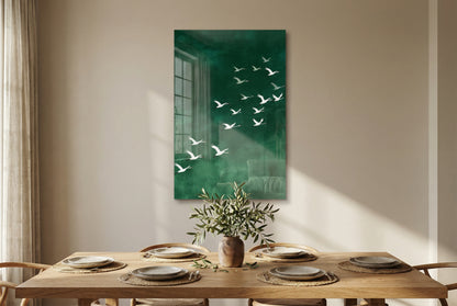 Turna Kuşları Yeşil Zen Stil Modern Cam Tablo