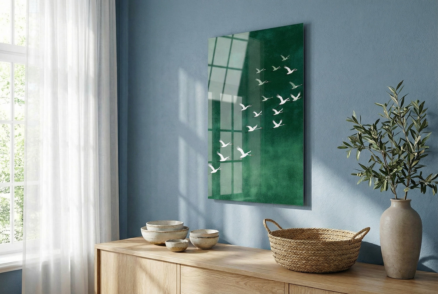 Turna Kuşları Yeşil Zen Stil Modern Cam Tablo
