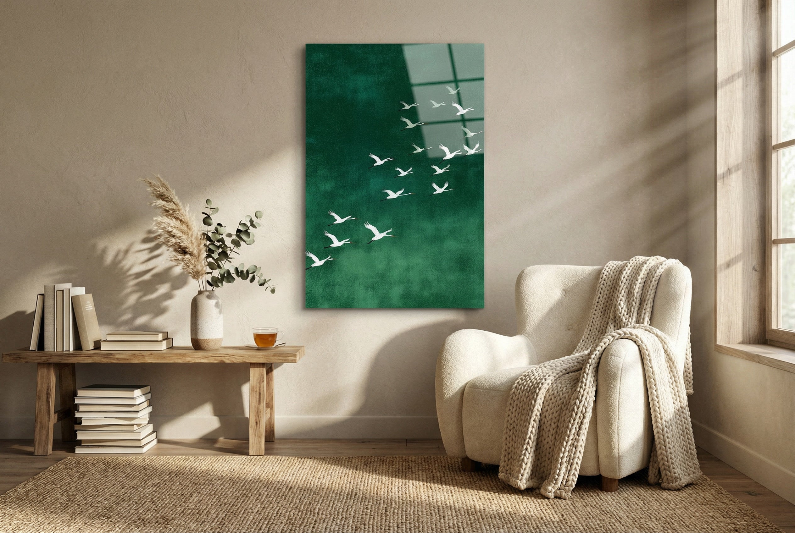 Turna Kuşları Yeşil Zen Stil Modern Cam Tablo