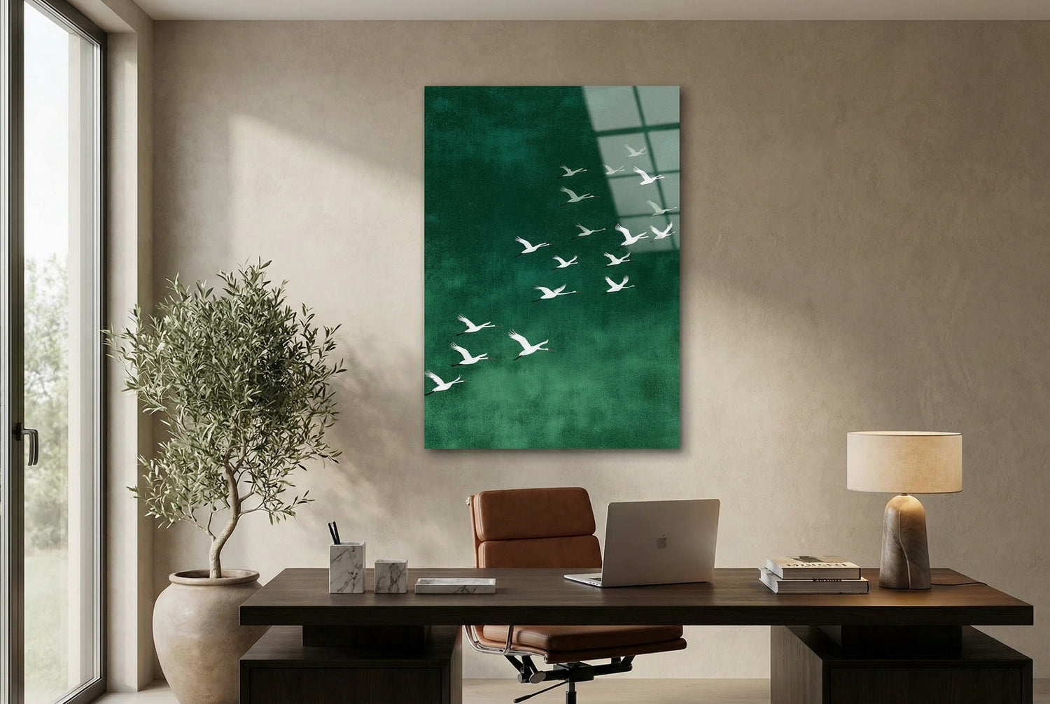 Turna Kuşları Yeşil Zen Stil Modern Cam Tablo