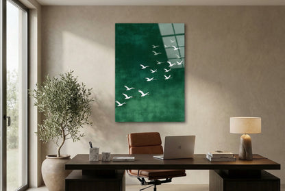 Turna Kuşları Yeşil Zen Stil Modern Cam Tablo