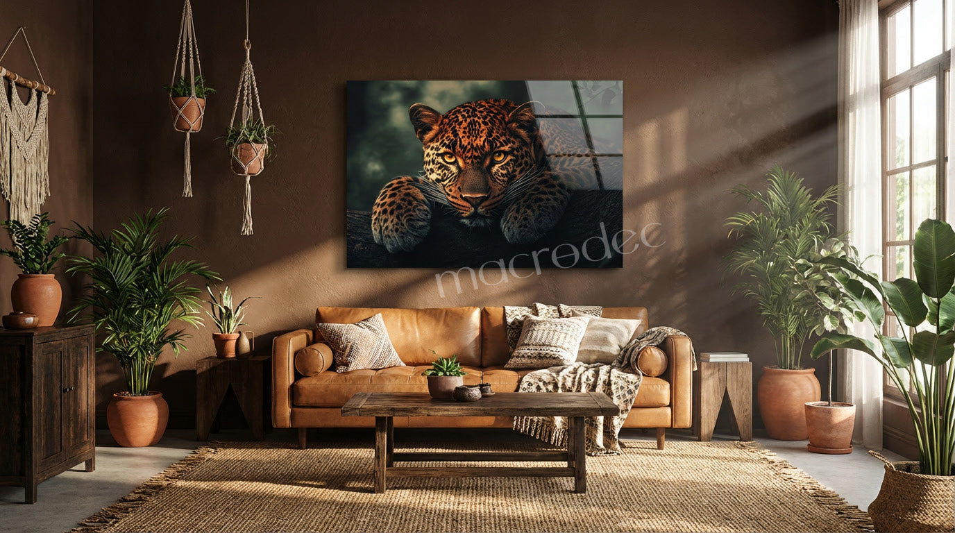 "Vahşi Asalet" Leopar Portresi Modern Cam Tablo